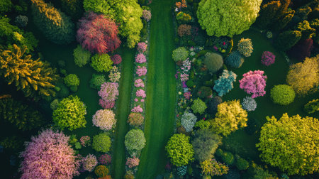 Aerial view of a spring garden with blooming flowers and trees, with ample copy space on the side.の素材