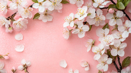 A top view of spring blossoms on a pastel pink background, with ample copy space on the leftの素材