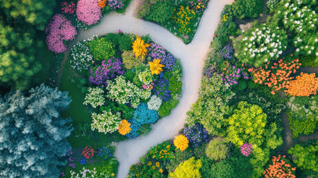Aerial view of a spring garden with colorful flower beds and walking paths. Ample copy space available.の素材