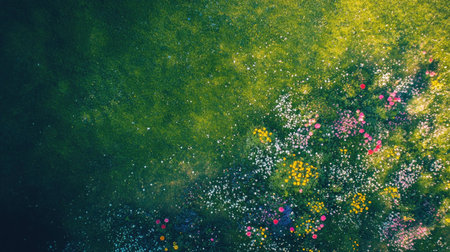 Aerial shot of a spring meadow with colorful flowers and green grass. Copy space on the right.の素材