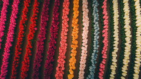 Aerial view of a field of blooming tulips, creating colorful rows. Copy space above.の素材