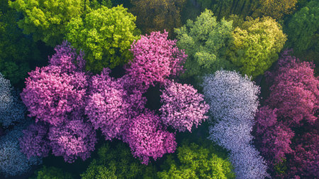 Aerial view of a spring forest with trees in full bloom, creating a colorful canopy. Copy space on the top side.の素材