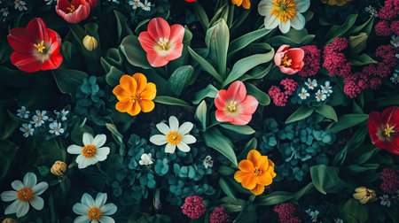 A top view of vibrant spring flowers blooming in a garden, with ample copy space in the center.の素材