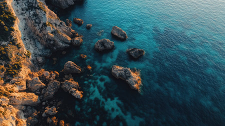 Aerial shot of a tranquil sea meeting a rugged coastline with rocks and cliffs. Copy space above the horizon.の素材