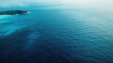 A top view of the deep blue ocean with a small island in the distance. Copy space on the left side.の素材