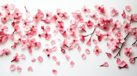 Delicate cherry blossom petals scattered on a white background, viewed from above. Copy space on the side.の素材