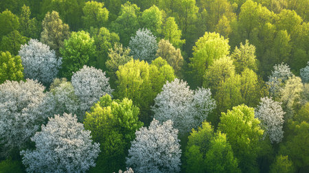 Aerial view of a springtime forest with a mix of green and blooming trees. Copy space on the left side.の素材