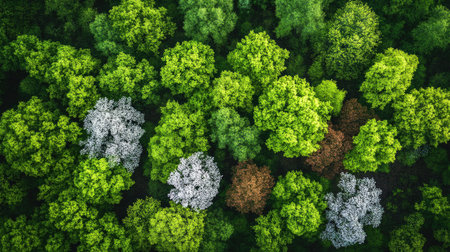 Aerial shot of a spring forest with a mix of green and blossoming trees. Ample copy space on the top.の素材