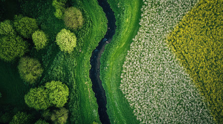 Aerial view of a spring field with blooming flowers and a winding stream. Copy space on the left.の素材