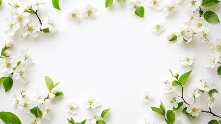 A top view of spring blossoms arranged in a frame on a white background, with ample space for text.の素材