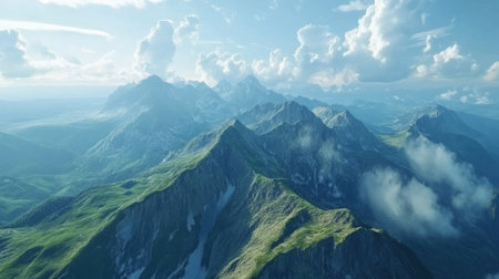 Bird's-eye view of a mountain range with dramatic cliffs, with ample sky space for textの素材