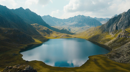 Aerial view of a serene mountain lake surrounded by peaks, with space for text in the upper partの素材