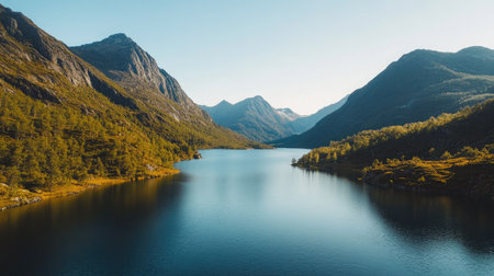 Bird's-eye shot of a mountain valley with a calm lake, with clear sky for copy spaceの素材