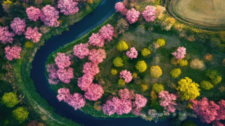 Aerial shot of a spring landscape with blooming trees and a winding stream. Copy space available on the top side.の素材