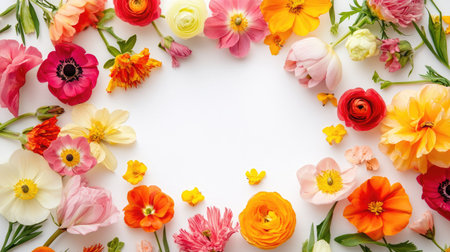Bright spring flowers arranged in a wreath shape on a white background, with space for text.の素材
