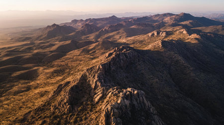 Bird's-eye view of a rugged mountain terrain at sunrise, offering a wide area of clear sky for textの素材