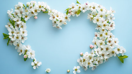 Bright spring blossoms arranged in a heart shape on a light blue background, with copy space available.の素材