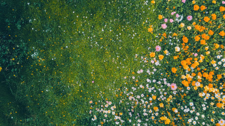 Aerial shot of a spring meadow with colorful flowers and green grass. Copy space on the right.の素材