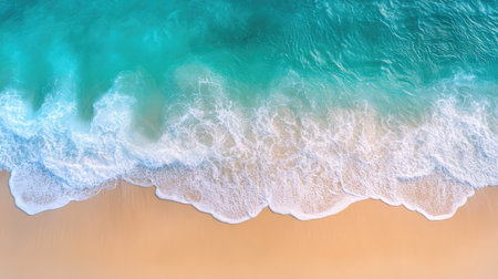 Aerial view of turquoise sea waves gently lapping onto a sandy beach, with ample copy space above the waterline.の素材