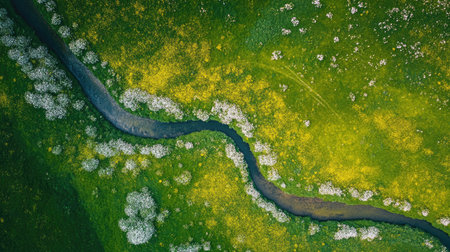 Aerial view of a spring field with blooming flowers and a winding stream. Copy space on the left.の素材