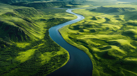 Aerial view of a winding river cutting through a lush green valley in spring. Copy space on the side.の素材