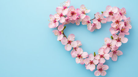 Bright spring blossoms arranged in a heart shape on a light blue background, with copy space available.の素材