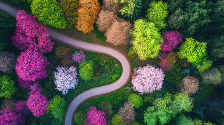 Aerial view of a spring forest with colorful blossoms and a winding path. Copy space on the top side.の素材