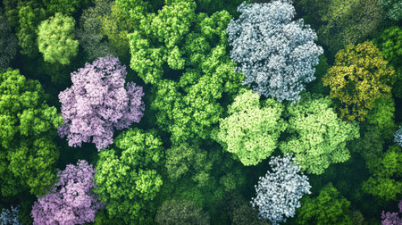 Aerial view of a springtime forest with a mix of green and blooming trees. Copy space on the left side.の素材