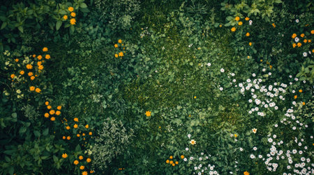 Aerial view of a lush spring meadow filled with wildflowers, with ample space for textの素材