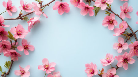 Bright spring blossoms arranged in a circular pattern on a pastel background, with space for text.の素材