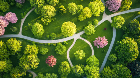 Aerial view of a park with trees in full bloom, with paths creating patterns. Ample copy space available.の素材