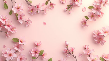 Bright spring blossoms arranged in a circular pattern on a pastel background, with space for text.の素材