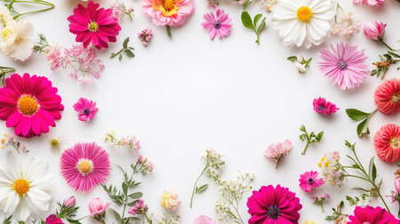 Bright spring blossoms arranged in a heart shape on a light blue background, with copy space available.の素材