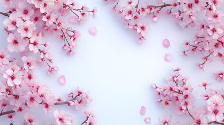 Blossoming cherry tree branches with pink flowers, top view. Copy space on the right.の素材