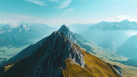Bird's-eye view of an alpine mountain with a large expanse of blue sky, perfect for a headlineの素材