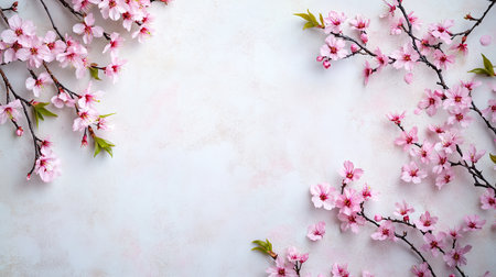 Blossoming cherry tree branches with pink flowers, top view. Copy space on the right.の素材