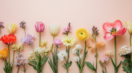 Brightly colored spring flowers arranged on a pastel background. Copy space in the centerの素材