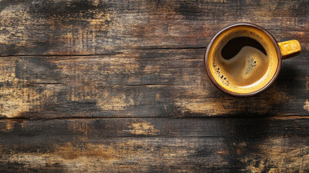 Top view of a coffee cup on a rustic table, space for branding or textの素材