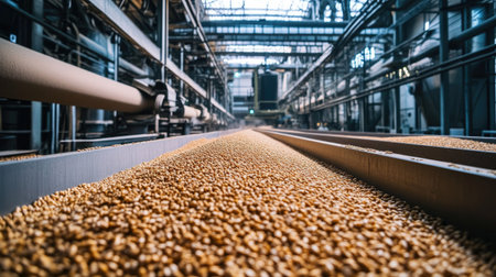 Grain being processed in a large industrial facility with space for textの素材