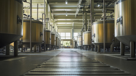 An olive oil processing facility, large vats, no people, with copy spaceの素材