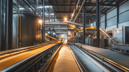 Inside a grain processing facility with conveyor systems, no peopleの素材