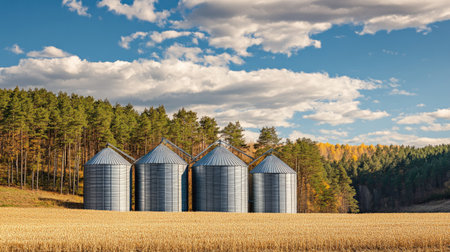 Large silos storing harvested grains, no people, with ample copy space.の素材