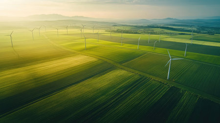 Wind turbines over a vast farmland, renewable energy concept, no people, text spaceの素材
