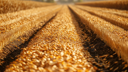 Rows of harvested crops being processed in a factory, no people, copy spaceの素材