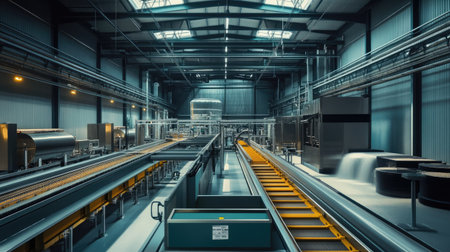 Modern vegetable processing plant with automated conveyor belts, no people, copy spaceの素材