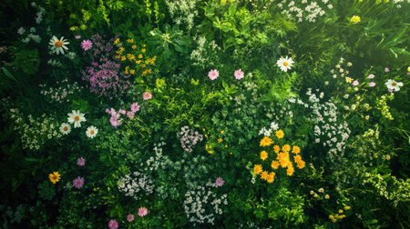 Aerial view of a lush spring meadow filled with wildflowers, with ample space for textの素材