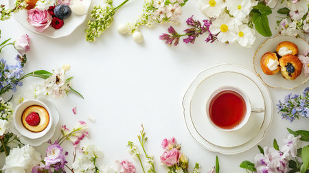 A flat lay of a springtime tea set with flowers and pastries on a white tablecloth. Copy space available.の素材