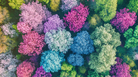 Aerial view of a spring forest with trees in full bloom, creating a colorful canopy. Copy space on the top side.の素材