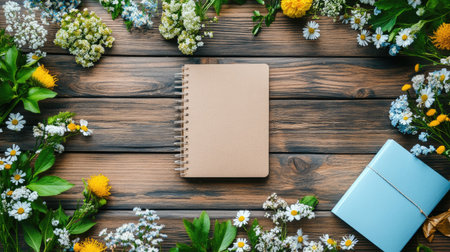 A flat lay of spring-themed stationery with flowers and a notebook on a wooden table. Copy space in the center.の素材