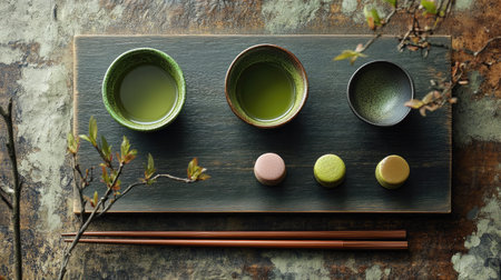 A beautifully presented Japanese tea set with matcha tea and wagashi sweets, leaving plenty of room for a message.の素材